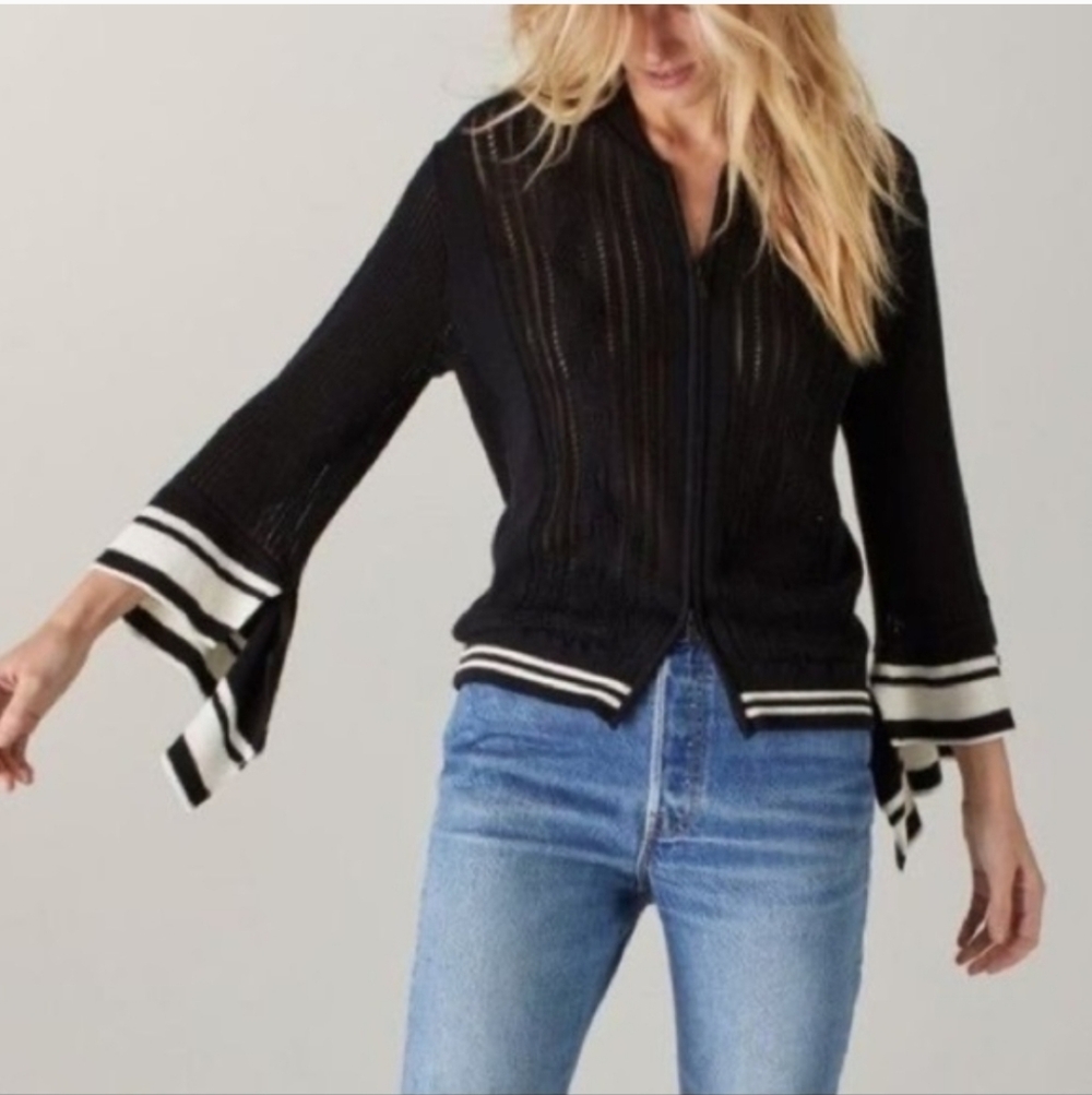 Naadam Zadas Open Knit Cardigan‎ Black Cotton Merino Wool Zip Up Ruffles small